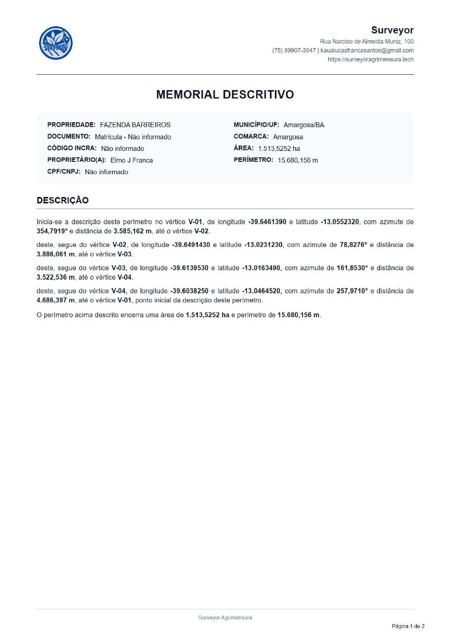 Exemplo de memorial descritivo gerado pelo Surveyor